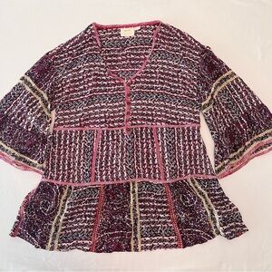 Maeve Anthropologie Lilyana Tiered Pink Boho Tunic 100% Silk Blouse Relaxed Fit